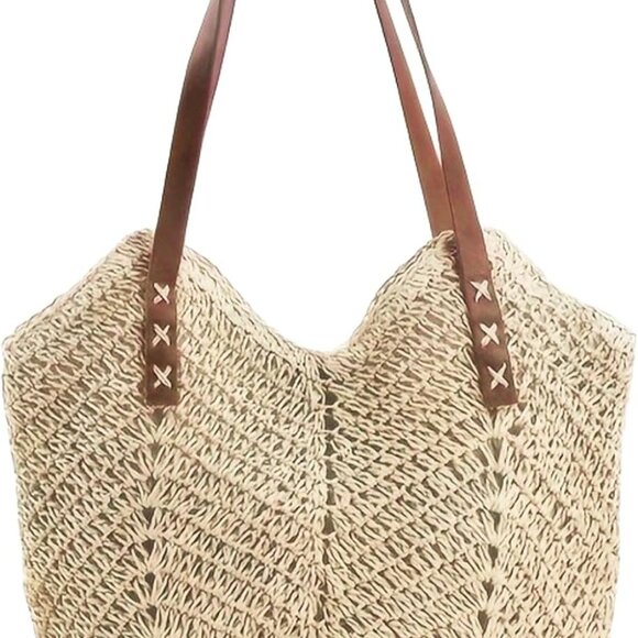 Women Straw Beach Bag Large Tote with Zipper and Inner Pocket for Summer - Picture 1 of 6